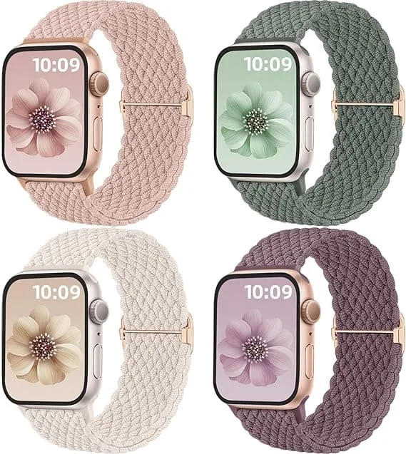4-pakning Solo Loop Flettede Klokkereimer, Kompatible med Apple Watch-reimer 44 mm, 45 mm, 46 mm, 49 mm, Unisex, Røykfiolett/Grønn/Stjerneskinn/Rosa
