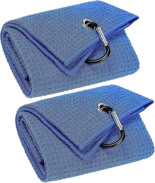 2-pack trefaldiga golfhanddukar, premium mikrofibertyg med våffelmönster och svart kraftig karbinhake