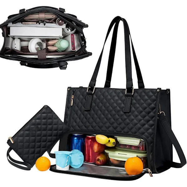 [LLC] 2-in-1 Handbag and Lunch Bag - 15.6 inch, Insulated Lunch Bag, Cooler Bag, Leakproof Cooler Bag, Laptop Bag for Work Black Black