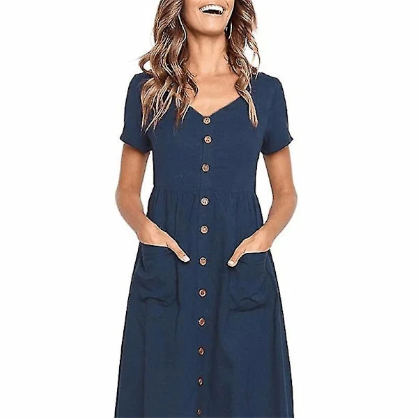 Sommarklänningar för Kvinnor Casual Midiklänning Kortärmad Skjortklänning V-ringad Knäppning A-linje Tunika Klänning med Fickor