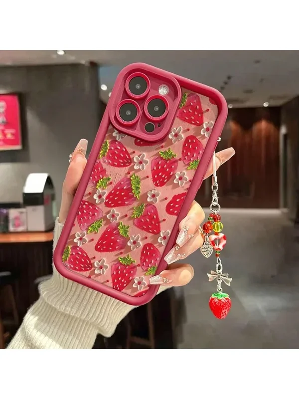 AliExpress - Blume Erdbeere Malerei Anhänger Kette Handyhülle für iPhone 17 16 15 14 13 12 11 Pro Max 16E XS X XR 7 8 Plus Cover