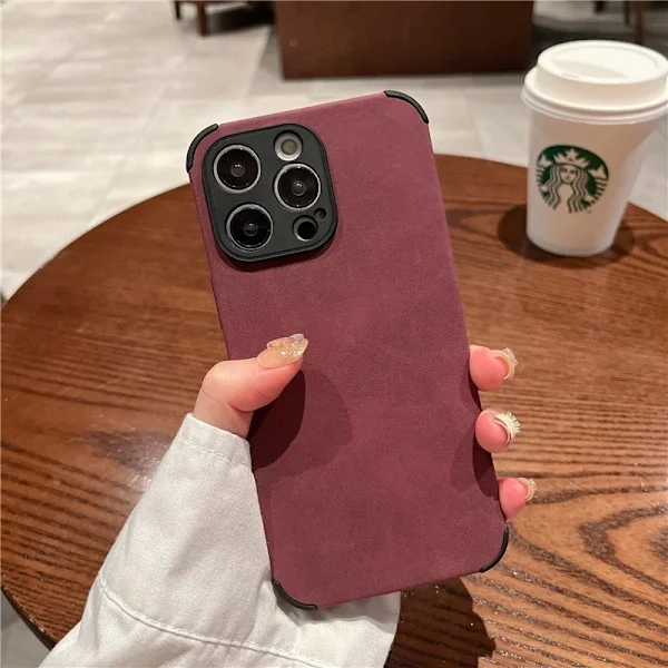 Etui til iPhone 14 Pro Max vinrød [ingen logo] lammeskinn lett luksus semsket skinn ren myk