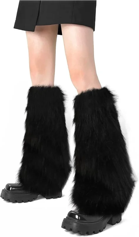 Fuskepels Fluffy Leg Warmers Pelsaktige Støveltrekk for Kvinner Varme Fluffy Støvelmansjetter Støvelermer Leg Warmers for Festkostymer Svart