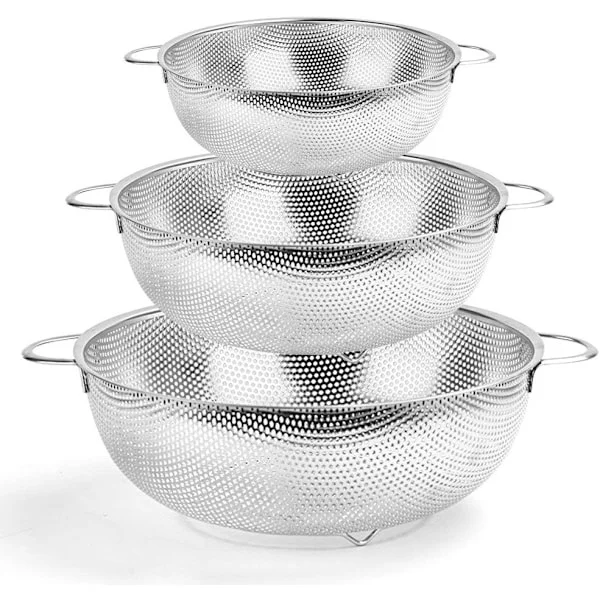 Set of 3 Colanders, Stainless Steel Colander with Handles, Metal Colander Perforated Strainer for Kitchen Pasta/Fruit - Dishwasher Safe - (16/22/28 cm