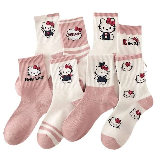 Kitty Cat Socks - 8 Pairs, Pink, Cute Cartoon, Casual, Versatile - Autumn/Winter Youth Socks