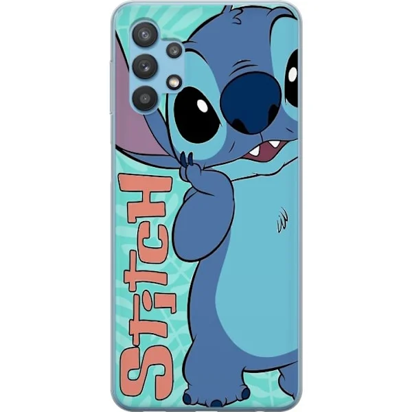 Kompatibelt Mobilskal till Samsung Galaxy A32 5G Söt blå Stitchfigur med lekfull kawaiistil och tropisk bakgrund för barnrum