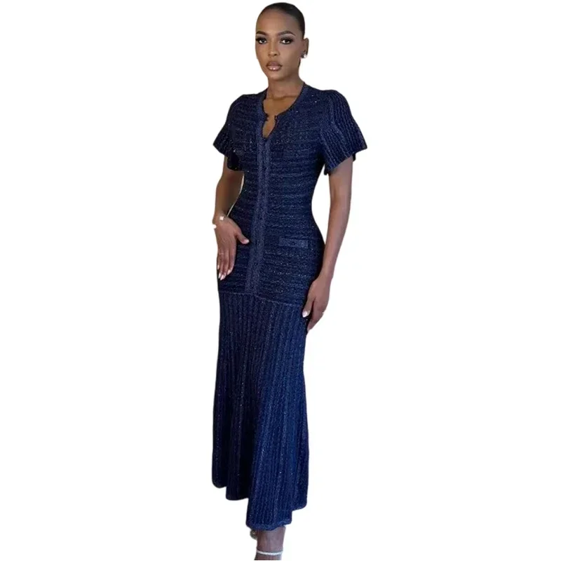 AliExpress - Pailletten maxi-jurk met ronde hals, korte mouwen, gebreid, uitgehold, enkelrijig, taille-aansluitend, midi voor dames