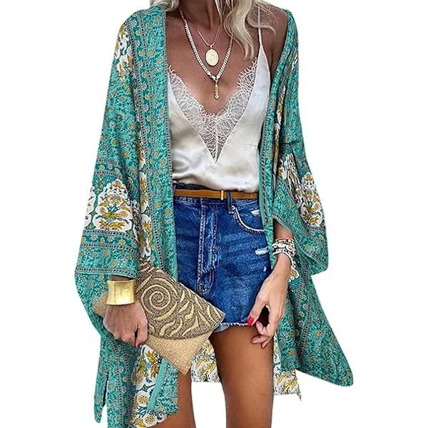 Kimono Cardigan til Kvinder Boheme Blomstret Print Strandkjole 3/4 Ærme Chiffon Bikini Sarong Sjal Toppe Stil 4 XL
