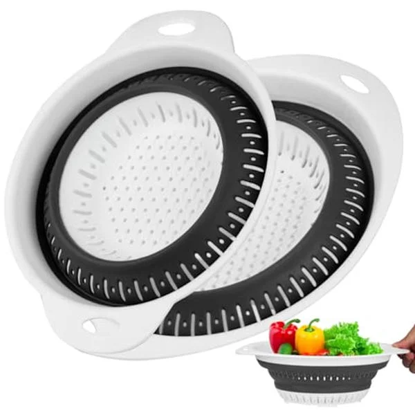Sammenleggbart pastasilsett med 2 - Sil i plast og silikon for grønnsaker og frukt