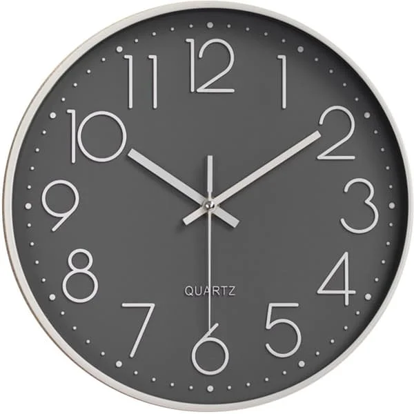 Modern klocka Tyst icke-tickande väggklocka Tyst väggklocka (vit text på grå bakgrund med vit ram (20cm)) vit