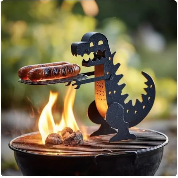 En rolig och portabel dinosaurieformad korvhållare, perfekt för grillar, rullgrillar, unikt formade grillar, utomhusmatlagning och campingfester.