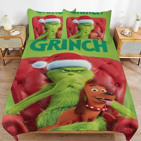 Grinch Sängkläder Set Påslakan Bekvämt och Lättviktigt Tecknat Sängkläder 3 Delars Sängset Enkel(1 Påslakan och 2 Örngott) hn559