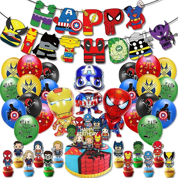 Spider-Man Iron Man Cartoon Superhero Theme Birthday Decor Balloons Banner Cupcake Cake Topper Set Party Supplies