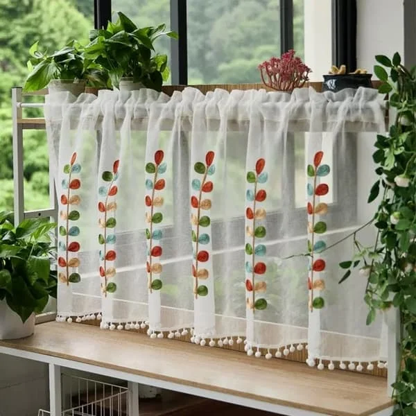 Broderte bladmønster kafégardin med pom-pom-kant, polyester halvgardin, stanglomme gardin hvit, størrelse 59" x 24" 1-pakning