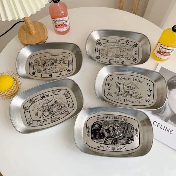 5 KPL Retro Tarjotin Amerikkalainen Peltilevy Kotitalous Ruostumaton Teräs Illallistarjotin Välipala Hedelmätarjotin Ruoka Sohvapöytä Säilytys 