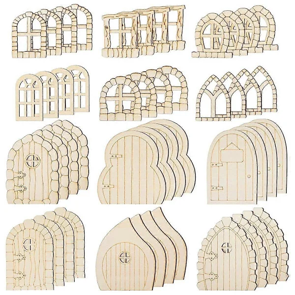 48 st Fairy Door Trädgårdsdörrar Hantverk Mini Fönster Fairy House Kit Oavslutade Miniatyr Dörr Omålade Fairy Fönster