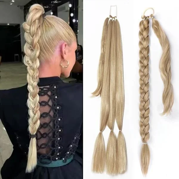 Lang flettet hestehale-extension, glat hår, wrap-around hestehale-hår-extensions, 30 tommer, blond, 1 stk.