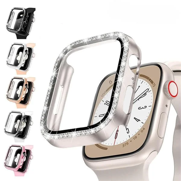 Diamant-indfattet fulddækkende skærmbeskytter i hærdet glas og stødsikkert urcover, kompatibel med 42 mm Apple Watch