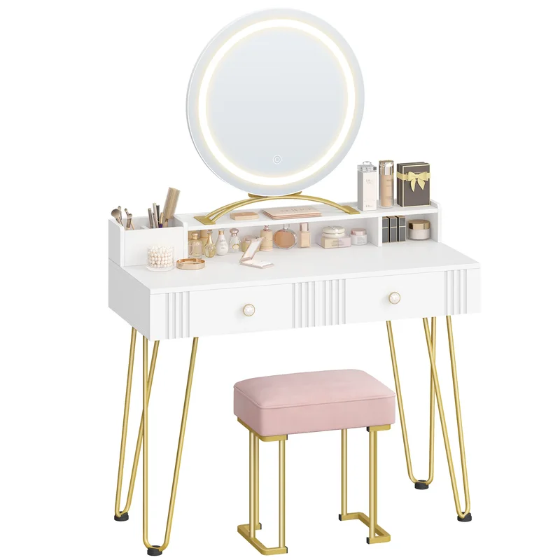 AliExpress - Kaptafel met kruk en verlichting, kaptafel met spiegel, make-uptafel met lades, roze gewatteerde kruk, slaapkamer