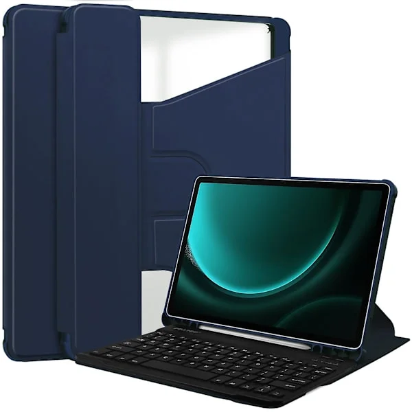 Fodral till Samsung Galaxy Tab S9 FE Plus med Bluetooth-tangentbord och roterande stativ (qb) Mörkblå