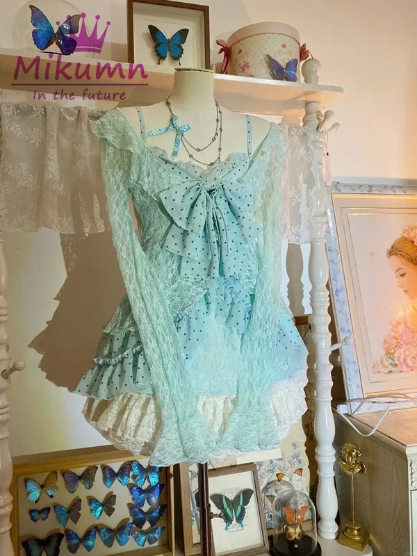 AliExpress - Mikumn Harajuku Vintage Damen 3-teiliges Set Y2k Lolita Süße Rüschen Polka Dot Strap Top + Spitzen-Cardigan + Miniröcke Passende Sets