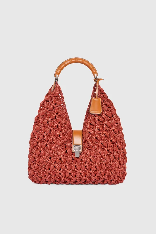 Ermanno Scervino Clio bag in rafia color cuoio con maniglia bamboo