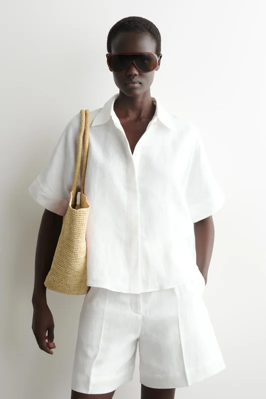 COS Women's Oversized Short Sleeve Linen Shirt in White