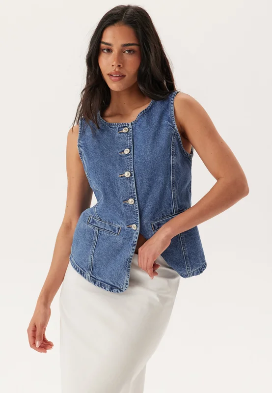 ONLY-Onlgiulina S/L BUTTON VEST DNM-Medium Blue Denim