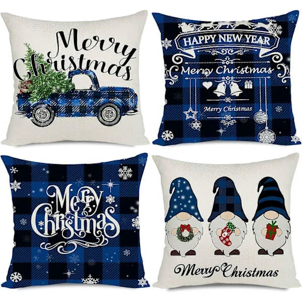 Jul Kuddfodral Blå 45 x 45cm Dekorativ Utomhus Bondgård God Jul Buffalo Pläd Lastbil Tomte Jul Kuddfodral Sofföverdrag Set med 4