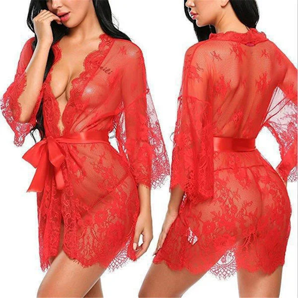 Dame Blonde Kimono Gennemsigtig Morgenkåbe Sexet Lingeri Natkjole Rød M