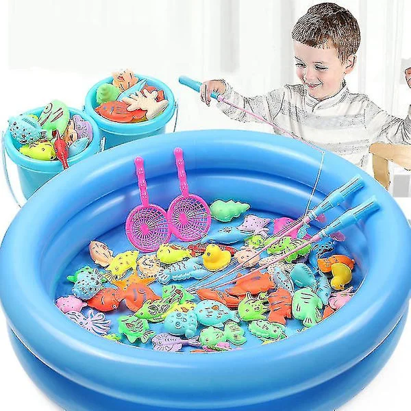 Magnetiskt fiskespel för barn med uppblåsbar pool, vattenleksaker för bebisar, fiskespel, utomhusleksaker, födelsedagspresent