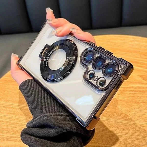 Samsung S21 Mobilskal, Elektropläterat Transparent, Fyrhörns Airbag Fallskydd Mobilskal med Magnetiskt Stativ, Mjukt Skal