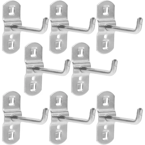 Sett med 12 metallkroker for veggpaneler. Sølvfargede metallkroker til verktøytavle 5,8 cm. Metallgittertilbehør for butikker, verksteder, garasjer.