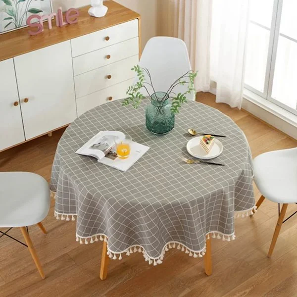 120 cm Tassel Tablecloth, Round Polyester Cotton Tablecloth, for Dining Table, Coffee Table, Garden Table (Grey Plaid)