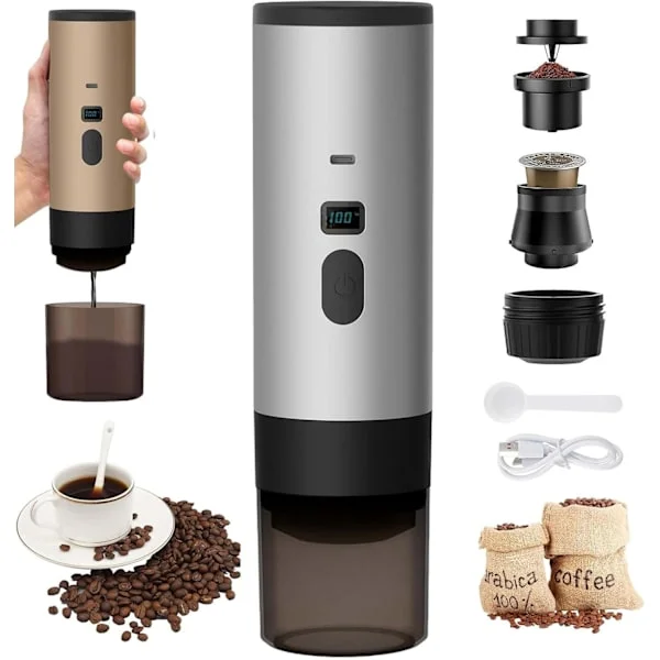 3 i 1 Bærbar Kaffemaskine, 72W Kaffemaskine, Bærbar Kaffemaskine, 12V Genopladelig Espresso Kaffe, USB, Espresso Kaffe med Kapsler