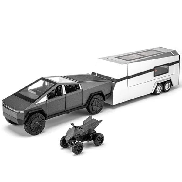 1/32 PickTruck Toy for Kids Pickup Trailer RV Model Kit With Beach Motorcycle With Sound/Light/Pull Back Power Gift For Boys Grey