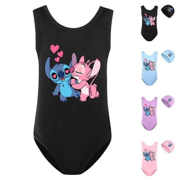 [SC]Lilo & Stitch Girls' Bikini, Cartoon, One-Piece, with Cap, for Summer Beach, Vacation, Pool, Surf, Black, 13-14 Years Black 13-14Years