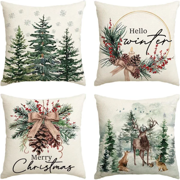 Jul Kuddfodral Set om 4, 45x45 cm, Tallar och Renar, Vinter Jul Dekorativa Kuddfodral Soffa Vardagsrum[BT]