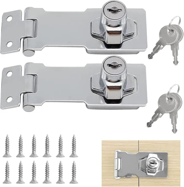 2 PCS Door Latch Hasps, 2.5 Inch Lock Hasps with Key and Padlock, Shed Keys for Cabinet Drawer Gate, Silver Tone