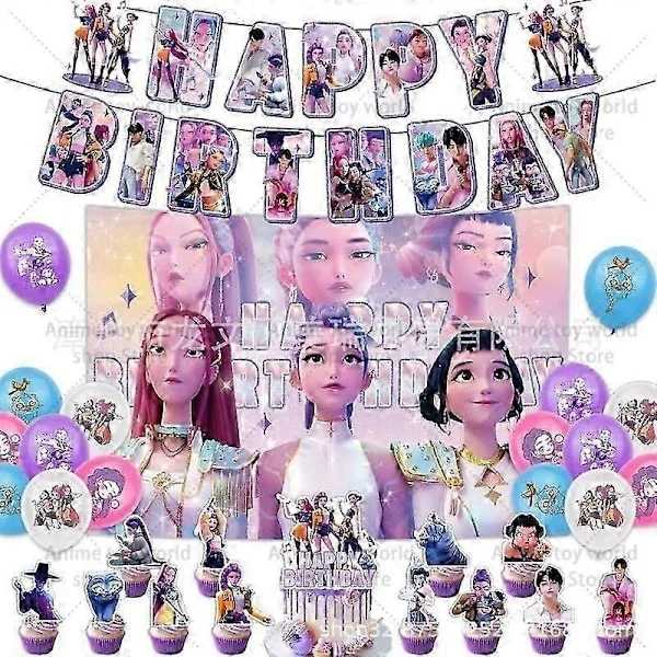 KPop Demon Hunters Födelsedagskalas Set för Barn - Tallrikar, Muggar, Ballonger, Tårtdekoration, Dukar Bordsdekorationer Set B