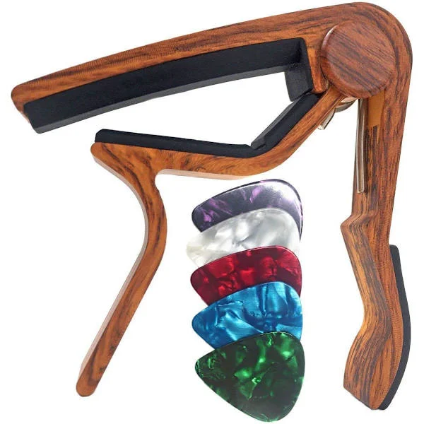 Gitarrkapo för 6-strängad akustisk elgitarr, ukulele med 5 plektrum - Rosenträfärg