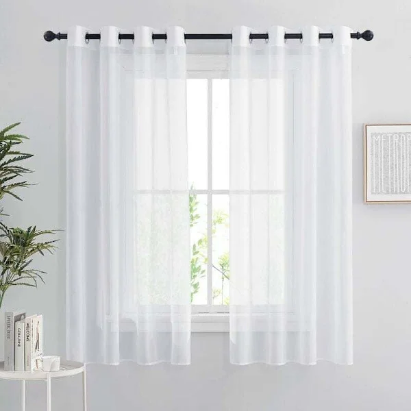 Hvite Skjære Gardiner, Sett med 2 Korte Gardiner 132 x 160 cm Hjemmeinnredning Soverom Kjøkken, Organza Tyll med Maljer Transparent Lysfiltrering, 