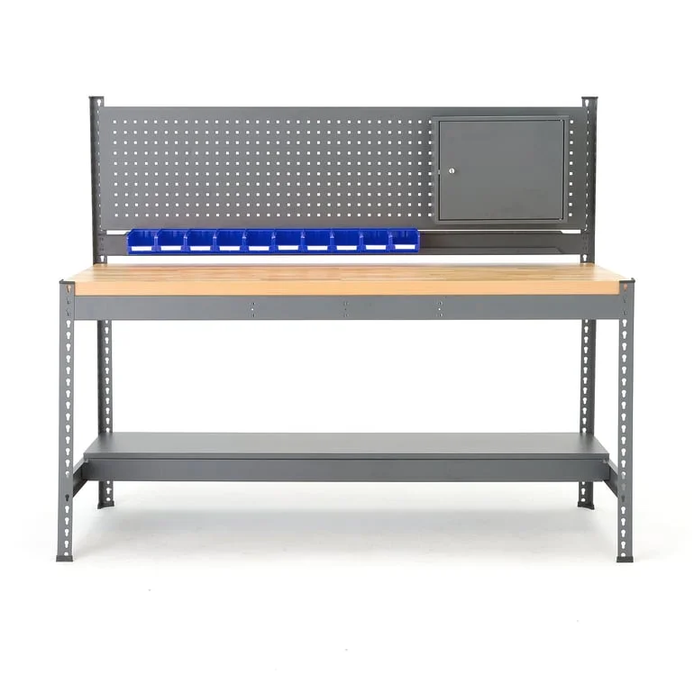 Pracovní stůl COMBO, deska s dubovým povrchem, panel na nářadí, skříňka, plastové boxy