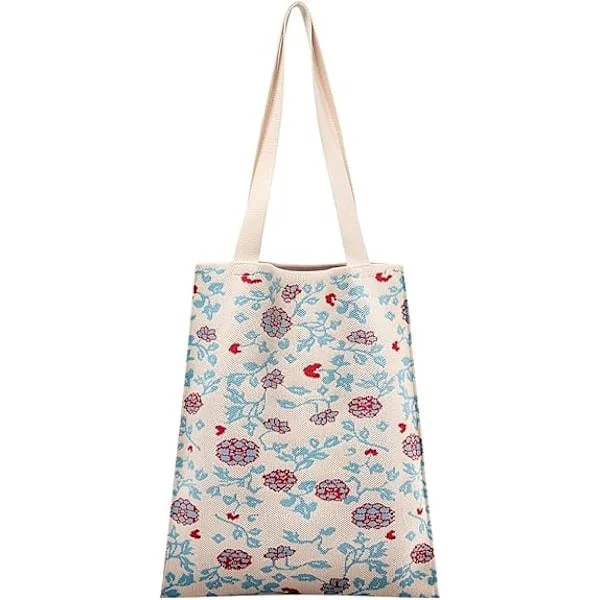 Heklet veske, søt tote bag, heklede vesker for kvinner, liten estetisk tote bag, katt- og blomstervevd tote bag strikket håndveske, hvit blomst