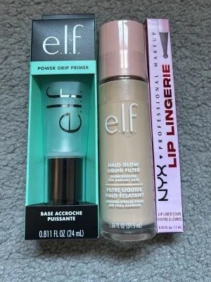 Elf power grip primer & Elf halo glow liquid filter & nyx lip lingerie lip liner stain