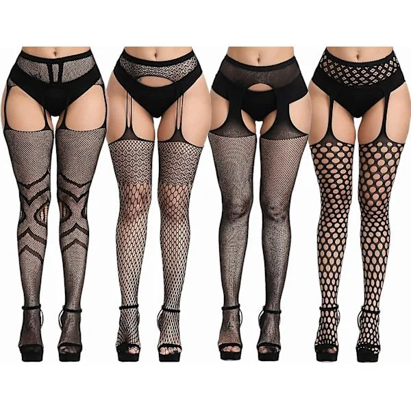Plus Size netstrømper, sorte netstrømpebukser Lår høje strømper Suspender Strømpebukser 4 stk.