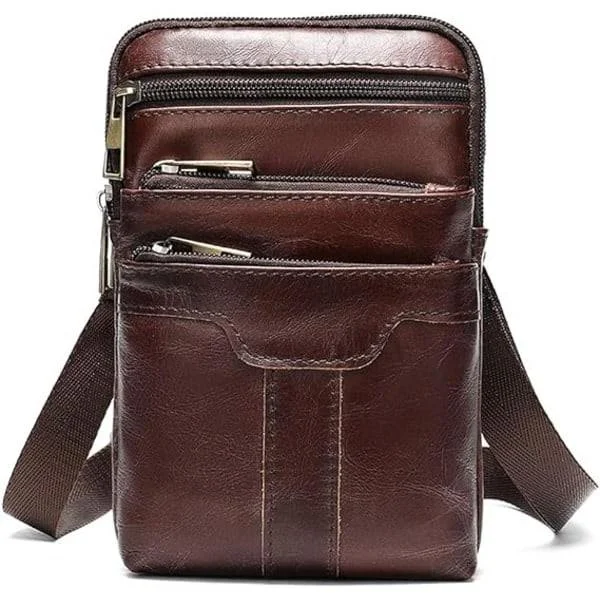 Leather Cell Phone Shoulder Bag, Cell Phone Belt Holder, 6.5 Inch Leather Crossbody Bag for Men, Coffee