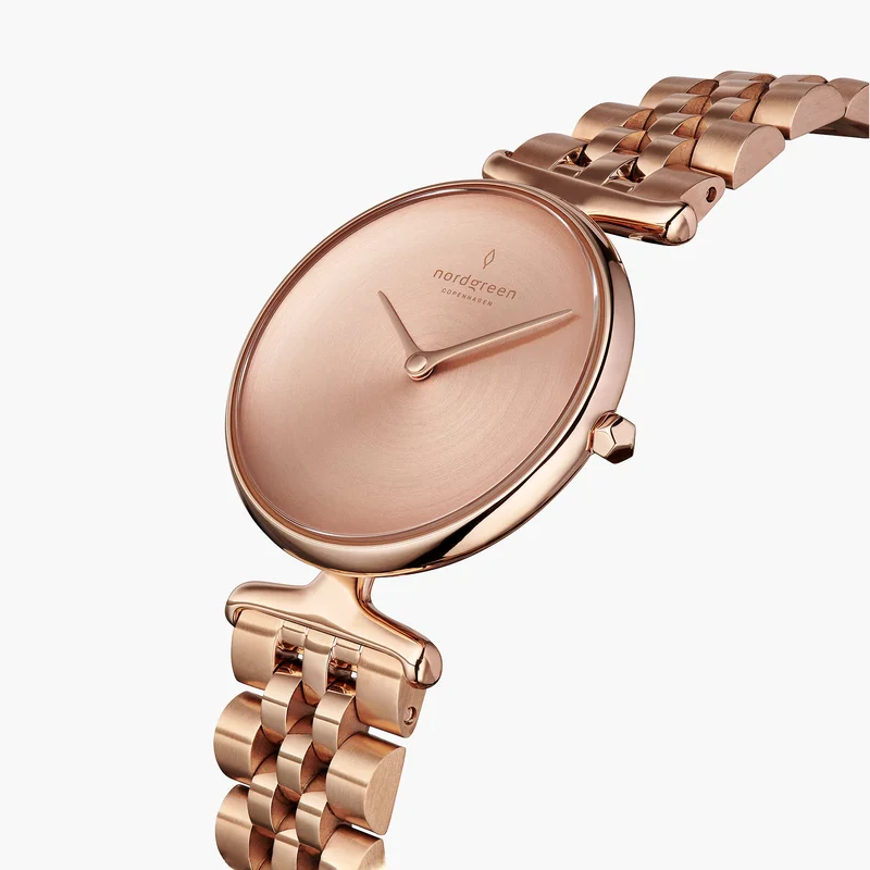 Nordgreen Best Women's Slim Designer Watch - Rose Gold Case - Brushed Metal Dial - 32mm Rose Gold 5-link Strap White Dial Unika