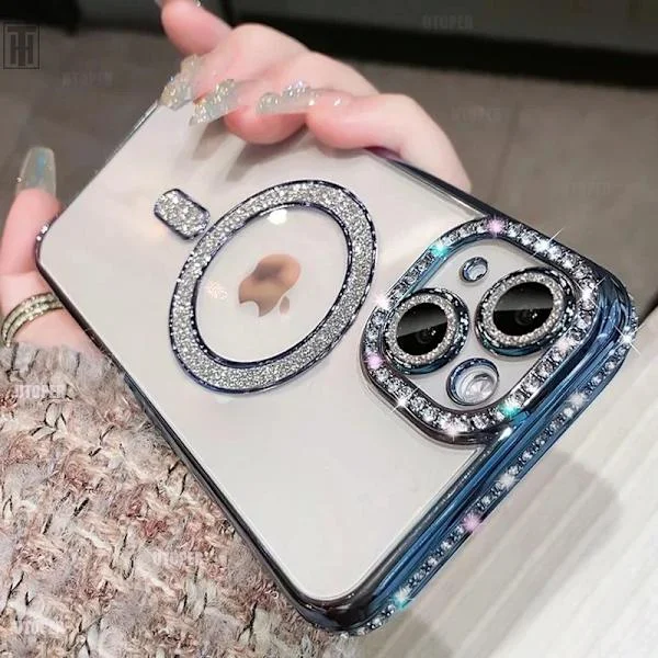 Kristall Diamant Klar Skal för iPhone 17 16 15 14 13 12 11 Pro Max Plus Bling Slät Magsafe Magnetisk Trådlös Laddningsskydd
