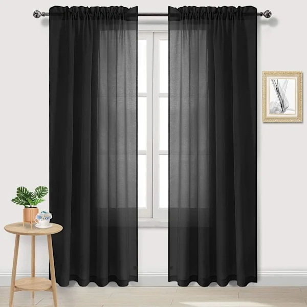 Svarta skira gardiner, halvgenomskinliga gardiner för sovrum och vardagsrum, 137 x 213 cm långa, 2-pack -FF-